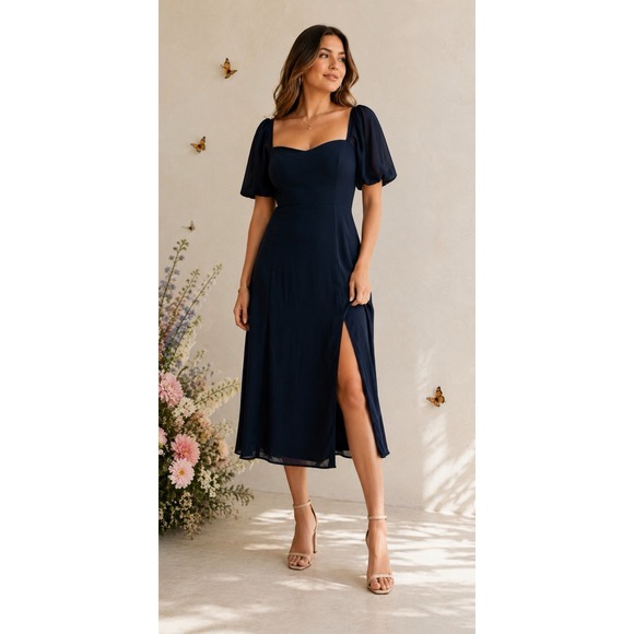 Abercrombie & Fitch Dresses & Skirts - Abercrombie & Fitch Camille Puff-Sleeve Midi Dress Navy Blue Women's Medium